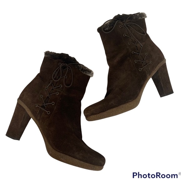 Stuart Weitzman Brown Suede Faux Fur Trim Lace Up Zip Up Ankle Boots - Picture 4 of 16